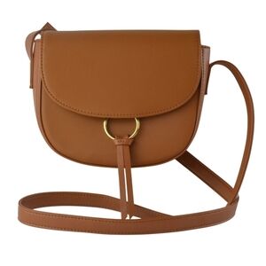 JJ WINTERS Ivy Crossbody Mini Saddle Bag  Cognac Genuine Leather Gold Ring Women